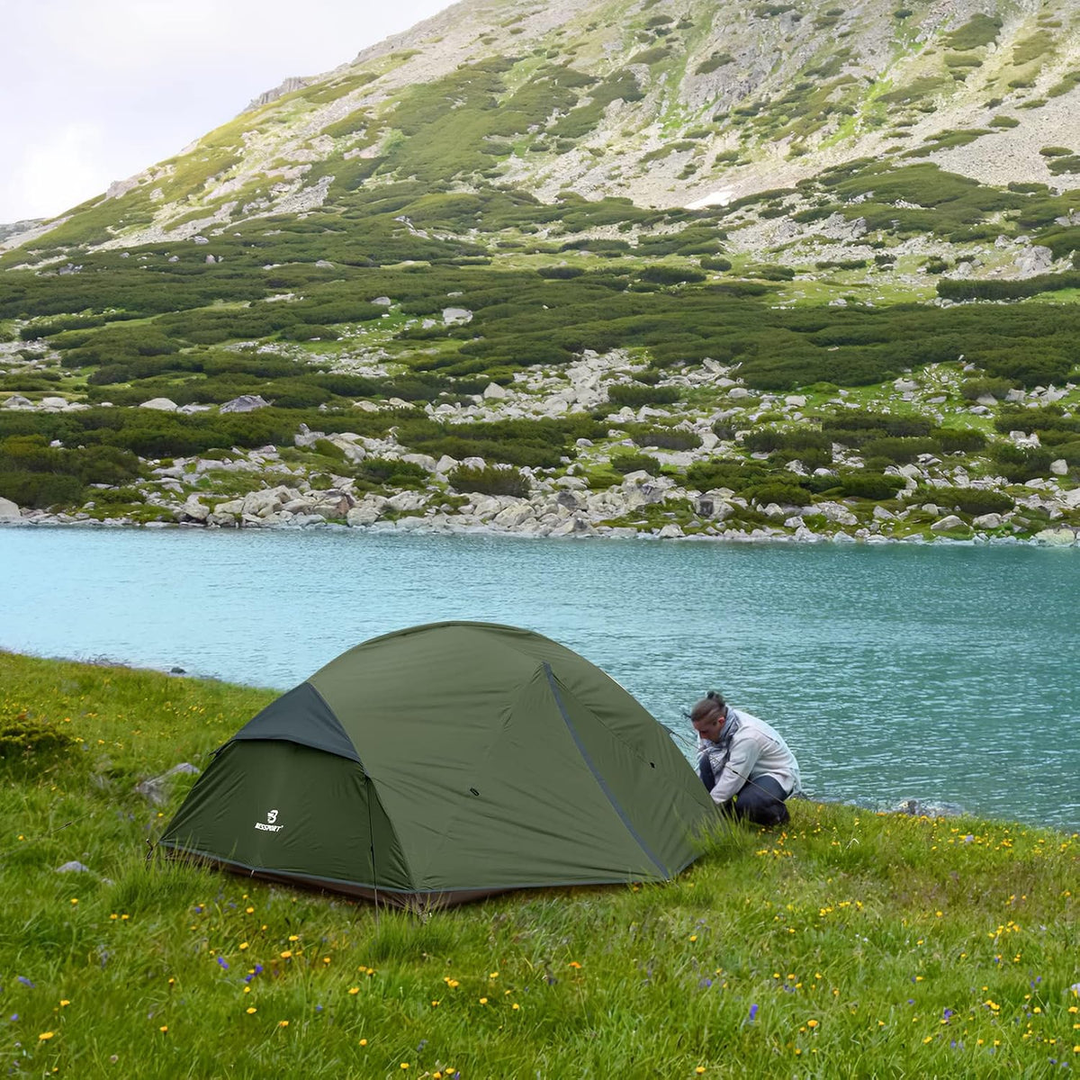 Bessport Campingtent voor 2-3 personen, 4 seizoenen, waterdicht, eenvoudig te monteren, ventilatie met dubbele deuren, rugzaktent, ideaal voor kamperen en outdoor-activiteiten