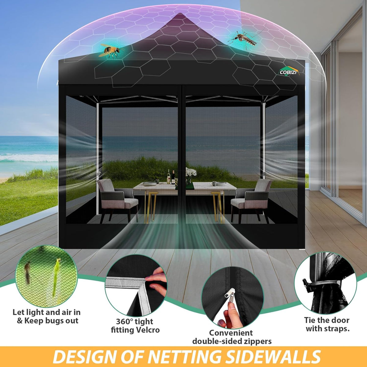 COBIZI Paviljoen, 3x3, vouwpaviljoen, waterdicht, stabiel, partytent, tuinpaviljoen, uv-bescherming met 4 zijwanden van mesh, zwart