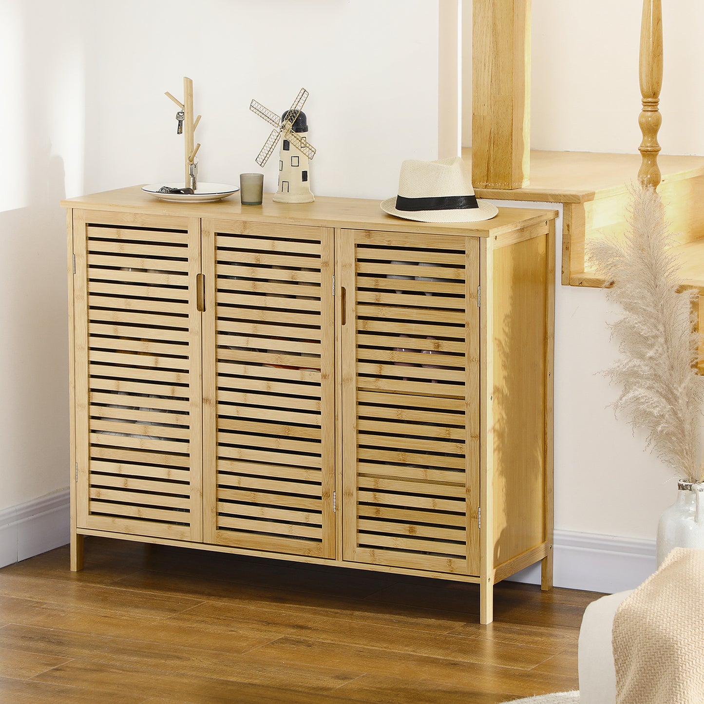 Schoenenkastje – Schoenopberger – Schoenrek – Schoenenkast – Schoenmeubel – Natuurlijk Hout – 3 Deuren Met Verstelbare Planken – Compact 100x35x80 Cm