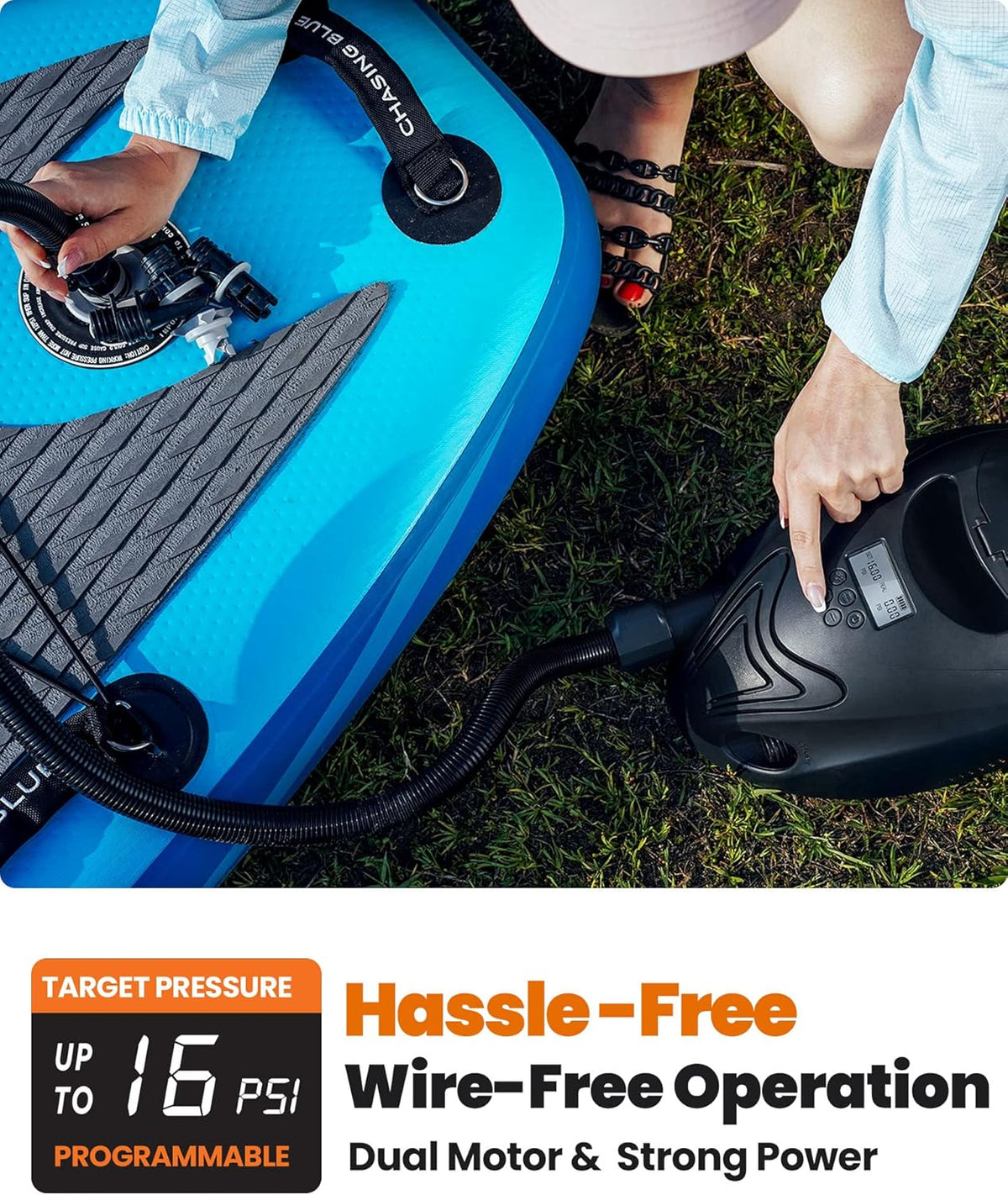 OutdoorMaster 16PSI Hogedruk SUP-luchtpomp met The Whale - Intelligente tweetraps inflatie- en automatische uitschakelfunctie en leegloopfunctie voor opblaasbare stand-up paddleboards