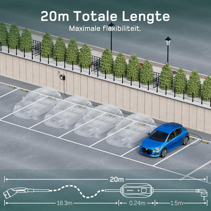dé Type 2 laadkabel Schuko 3,68kW [1-fase, 20m, 6-16A], EV-laders met regelbaar digitaal display voor elektrische auto's, EV-lader voor 3008/508, C5X, Q3, X3, ZOE, ID.3, ID.4 en andere PHEV/EV