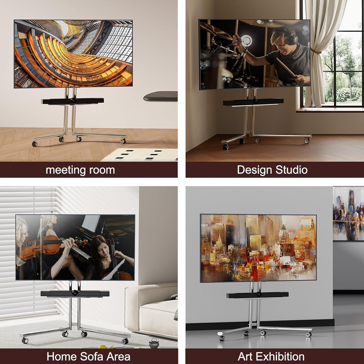 Mobiele tv-kar ezel rollende tv-standaard met soundbar-plank voor schermen van 32 tot 65 inch, minimalistisch roestvrijstalen frame met 360 ° wielen, draagbare vloer-tv's staan tot 80 lbs Max VESA