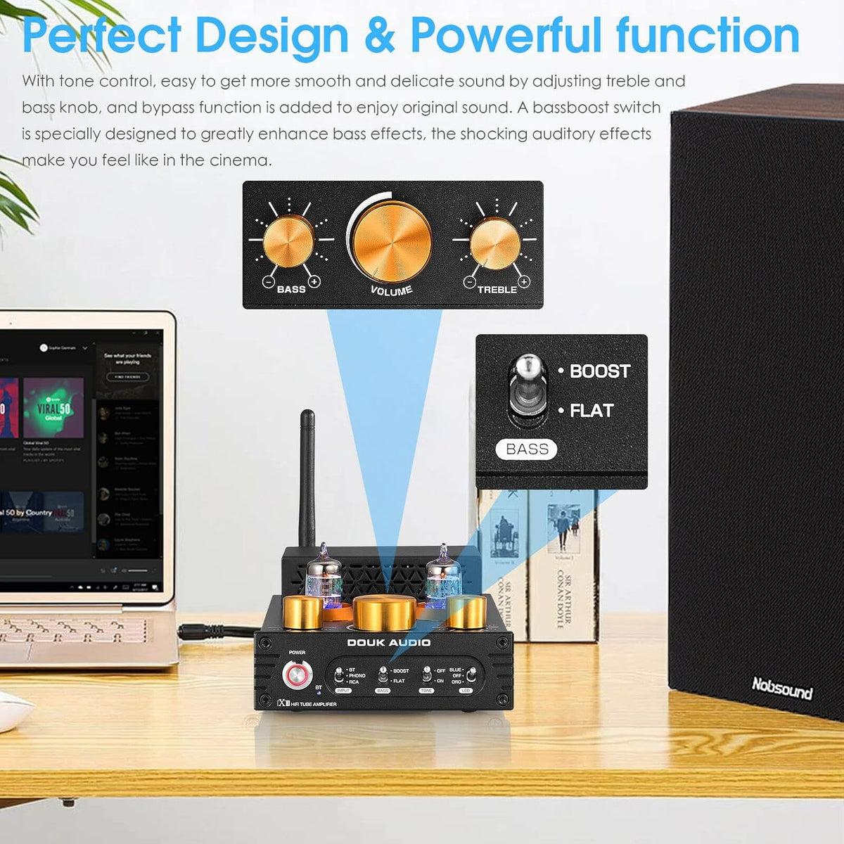Douk Audio X1 buisversterker, HiFi Bluetooth 5.0 versterker, GE5654 klep stereo audioversterker, MM phonoversterker, 160Wx2 TDA7498E chip, treble & bas bedieningsknopf