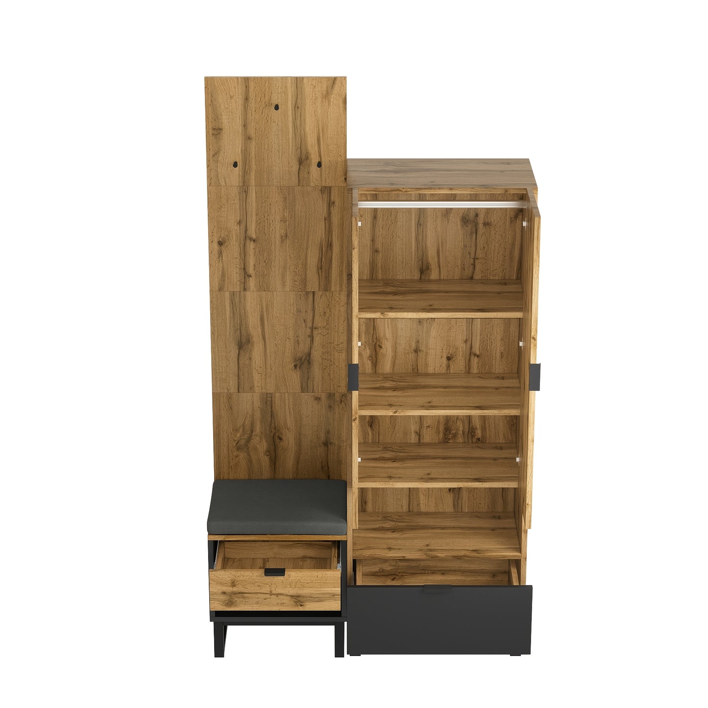 Kledingkast – Houten Kast – Vrijstaande Opbergkast – Schoenenkast – Garderobekast – Compact Design – Massief Hout Met Schoenenbank En Kussens