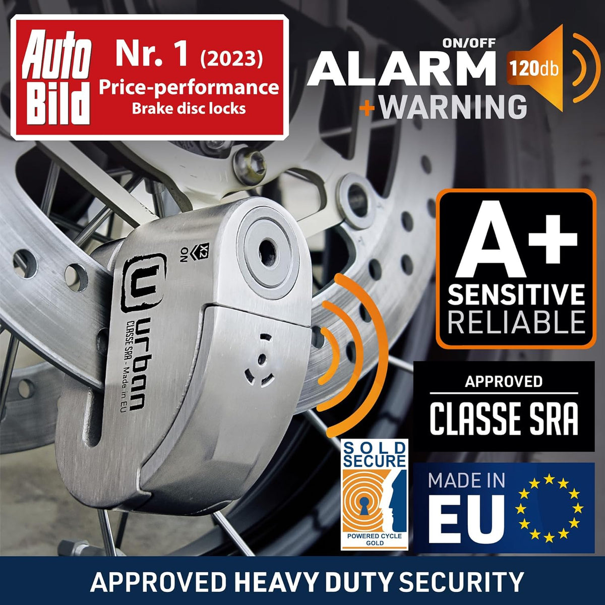 Urban UR14S Anti-diefstal Hangslot Motorfiets Remschijfslot, 120 dB alarm, 14 mm