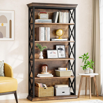 Tribesigns 6 Tier Bookcase, 71 Inch Industrial Bookcases and Bookcases, Floor Standing, 5 Shelves, Storage Shelves, Tall Bookcase for Home Office, Living Room, Bedroom, Brown and Black