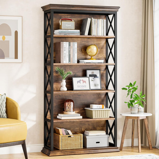 Tribesigns 6 Tier Bookcase, 71 Inch Industrial Bookcases and Bookcases, Floor Standing, 5 Shelves, Storage Shelves, Tall Bookcase for Home Office, Living Room, Bedroom, Brown and Black