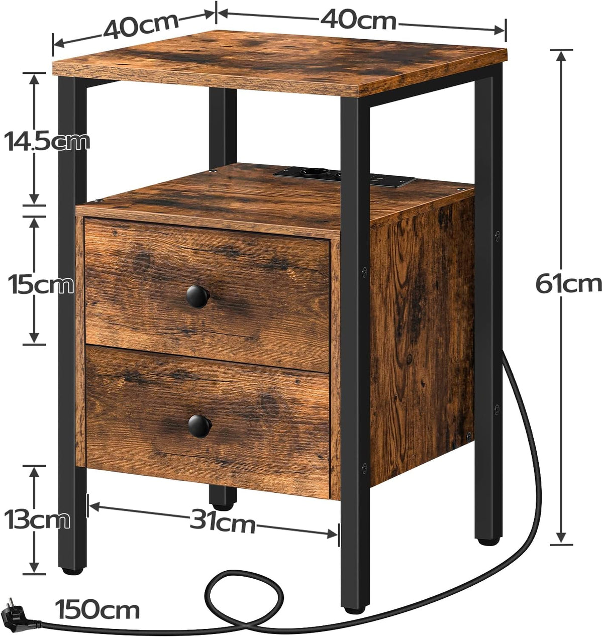 HOOBRO Nachttafels met laadstation, set van 2, bijzettafels, banktafels met 2 laden, salontafels met USB-poorten voor woonkamer, slaapkamer, 40 x 40 x 61 cm, vintage EBF43CBZP201