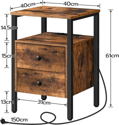 HOOBRO Nachttafels met laadstation, set van 2, bijzettafels, banktafels met 2 laden, salontafels met USB-poorten voor woonkamer, slaapkamer, 40 x 40 x 61 cm, vintage EBF43CBZP201