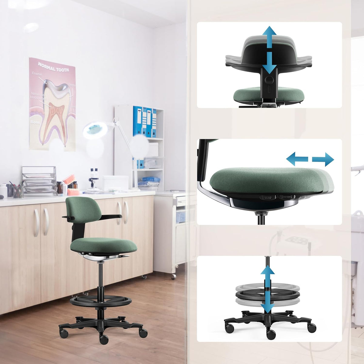 hjh OFFICE Ergonomische werkstoel TOP WORK 40 – Stoel met in hoogte verstelbare rugleuning, verstelbare zitneiging en zitdiepte, in hoogte verstelbare voetenring, Groen