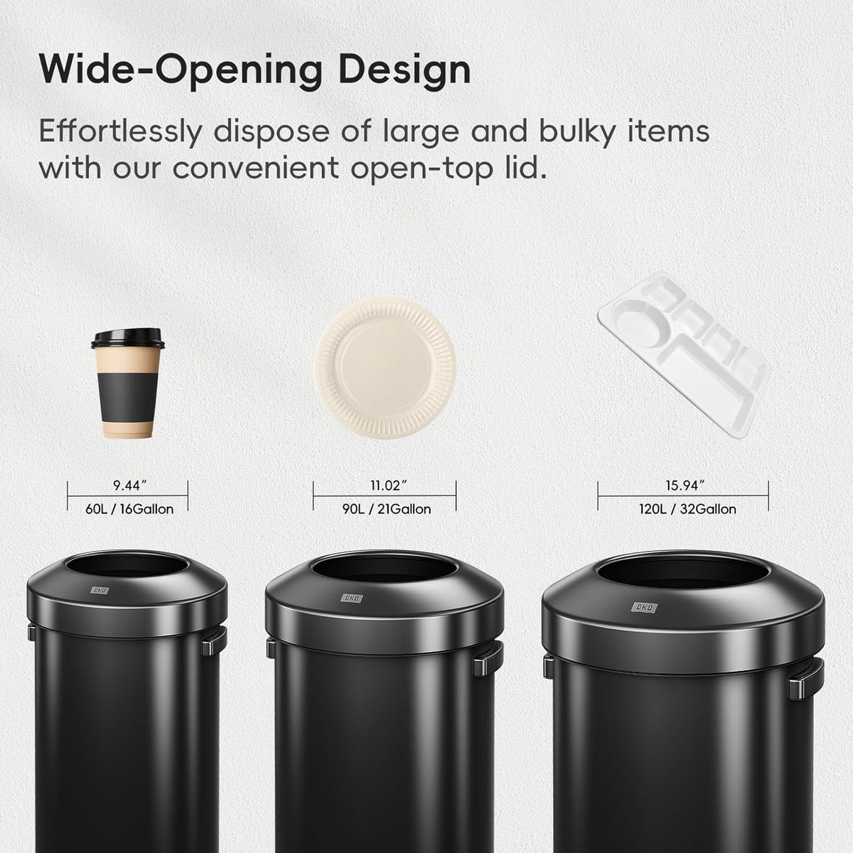 EKO Urban 24 gallon ronde zwarte roestvrijstalen open afvalbak, hoge commerciële prullenbak voor binnen/buiten, extra grote metalen vuilnisbak voor kantoor, restaurant, toilet, 90L