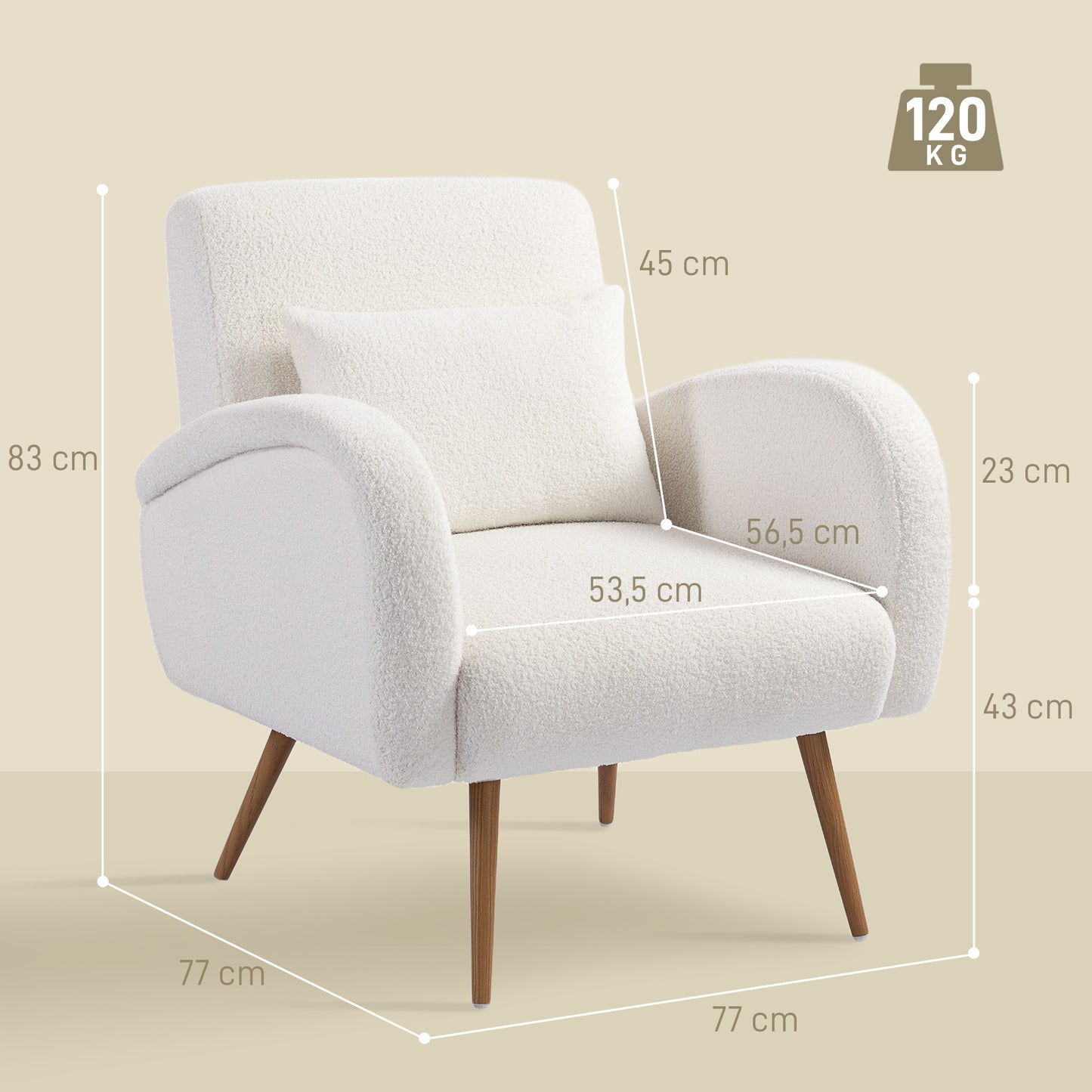 Fauteuil – Leunstoel – Relaxstoel – Zetel – Leesstoel – Crème Wit – Fleece Bekleding – Lendenkussen Met Metalen Poten