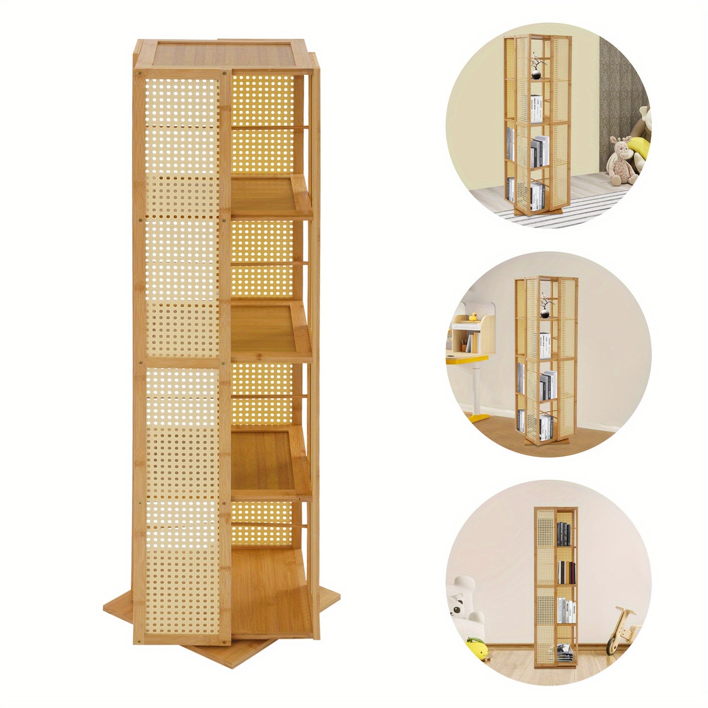Boekenkast – Boekenrek – Opbergkast – Vakkenkast – Stellingkast – Draaibaar 360° – Duurzaam Moso Bamboe & Kunststof – Ruimtebesparend Verticaal Ontwerp – 123 cm Hoogte – 10 kg Draagvermogen per Plank