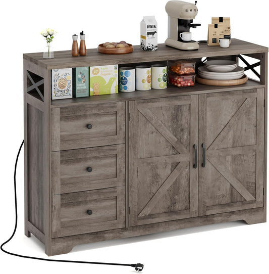 Sideboard, keukenkast met laden, opbergkast, dressoir met open plank, koffiebarkast voor keuken, eetkamer, woonkamer, 120 x 35 x 95 cm, grijs in houtlook