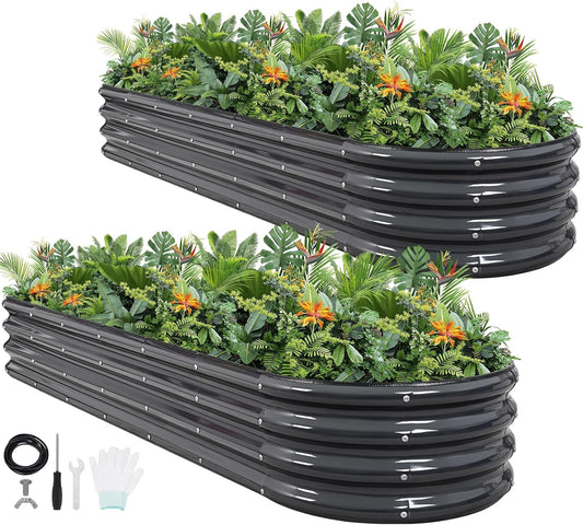 Galvanized Metal Raised Garden Bed Kit - 8x2x1ft Outdoor Planter with Safety Edges & Gloves for Vegetables, Fruits, Flowers.Grey-2pcs - QUORE