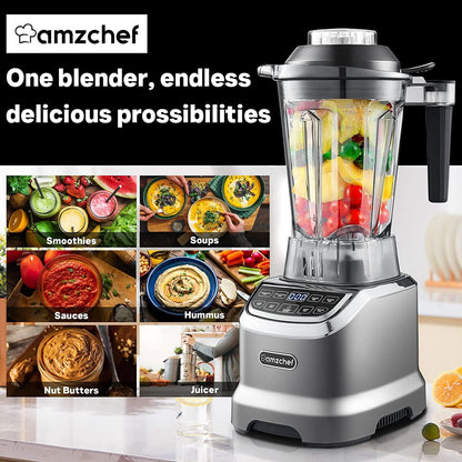 AMZCHEF 2 IN1 Blender met Kan van 1850 ml en 600 ml voor Twee Mengstanden - 2000 Watt Smoothie Blender met Stamper en 6 Professionele Messen 22000 Omwentelingen - Grijs