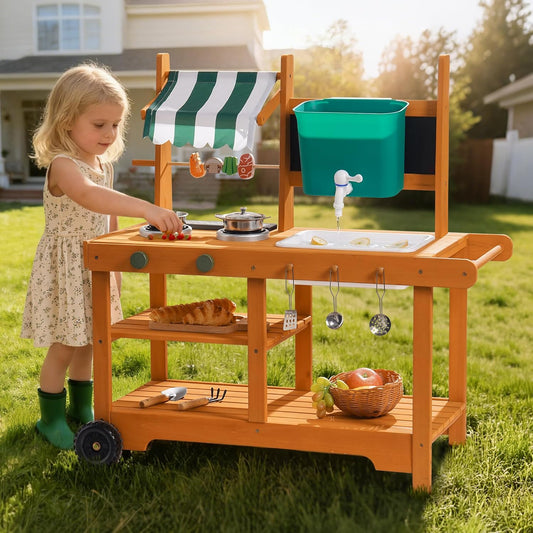 ROBOTIME Mud Kitchen Outdoor speelset voor kinderen, speelkeuken met rollende wielen, duwgreep, draaibare spiesen, stoffen luifel, bord en realistische waterspoelbak, rollenspel kookset voor peuters