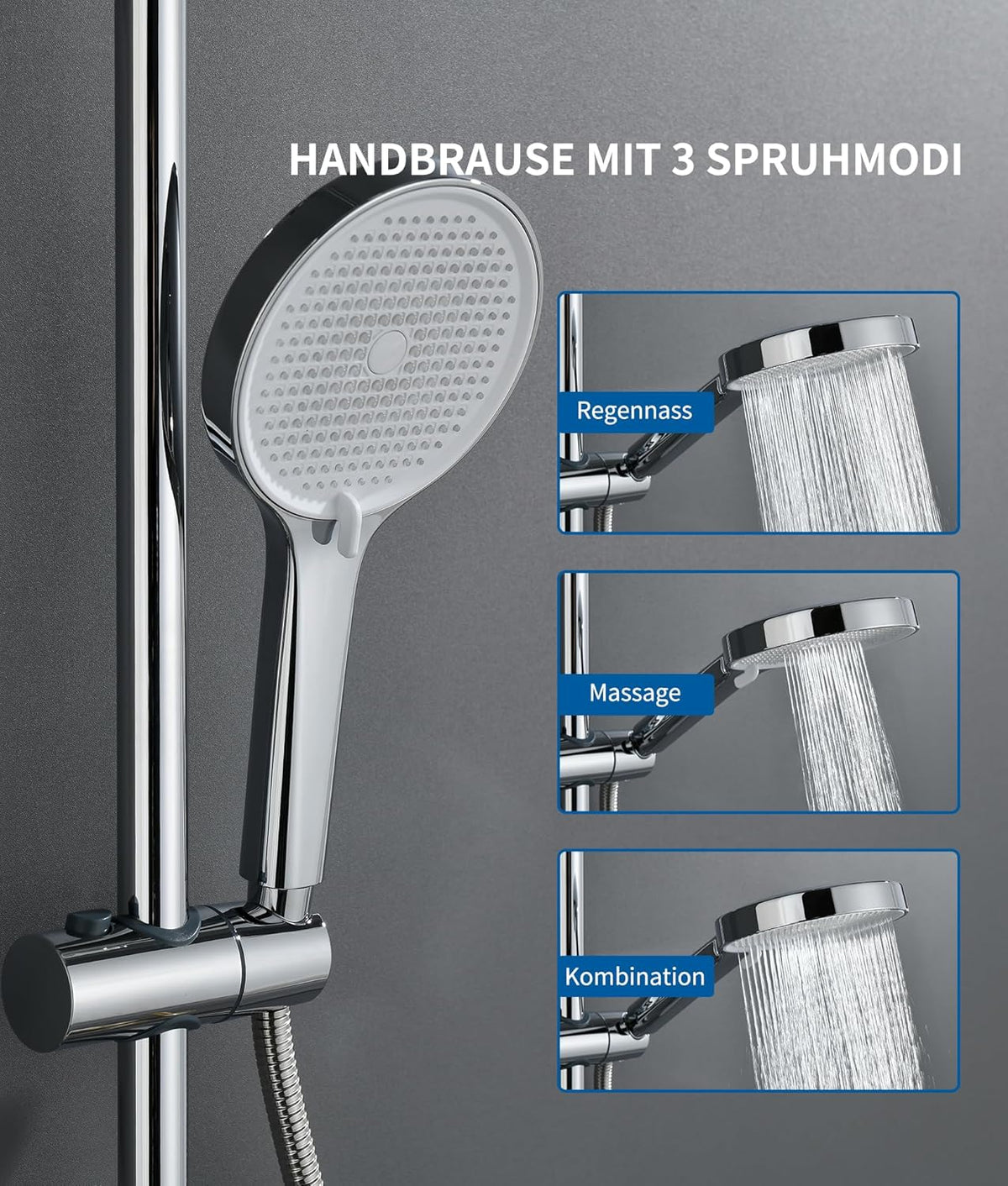 Douchesysteem, chroom, in hoogte verstelbaar, complete set, 360° rotatie, regendouche met kraan, handdouche met drie sproeimodi, 35 x 14 cm glazen plank, 33 × 21 cm grote regendouche