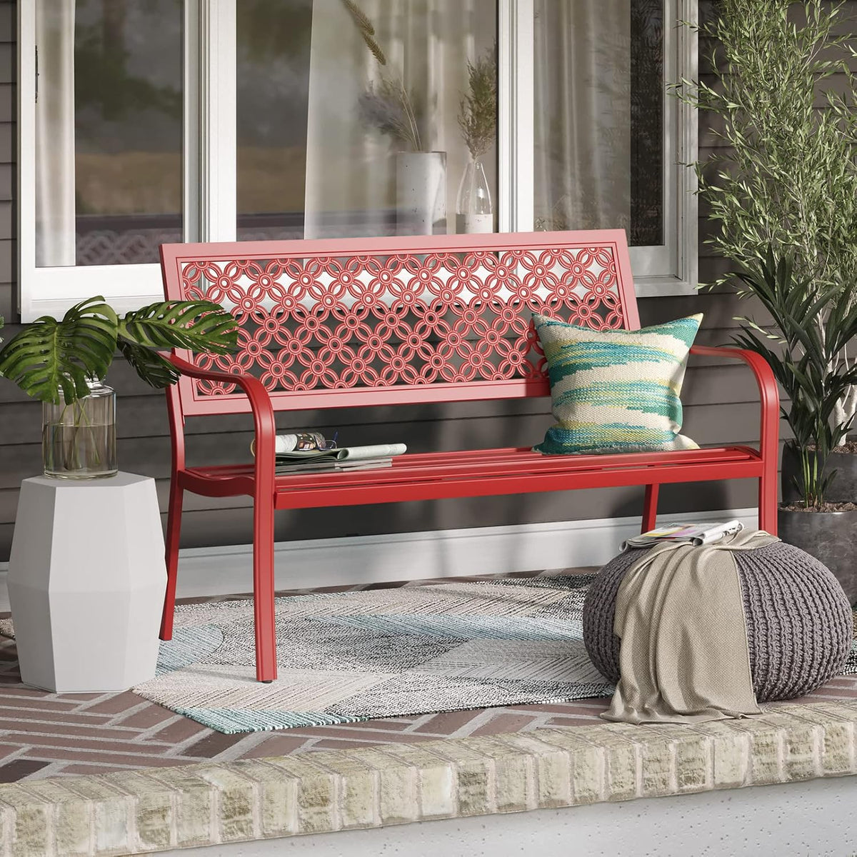 Grand patio Tuinbank, outdoorbank met 2-3-zits, roestbestendig, gestempeld patroon, kleur naar keuze, geschikt voor binnen en buiten, terras en park (Bossa Nova Red)