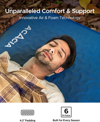 ACACIA 4.3" Thick Self Inflating Sleeping Pad with Foam | Innovative Y-Shaped Telescopic Structure | Ultraportable Camping Mattress | Outdoor Compact Air Mat for Tent Car | Single