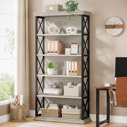 Tribesigns Bookcase, 6 Floors, 180 cm, Industrial Style, Freestanding, 5 Shelves, Tall Bookcase for Home Office, Living Room, Bedroom, Grey