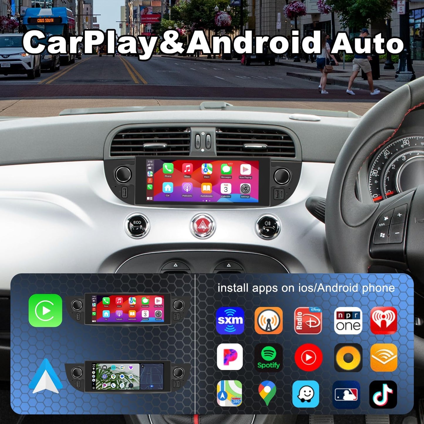 Autoradio Fiat 500 – Auto Stereo – Multimedia Speler – Navigatie Systeem – Autoradio DAB – Android 13 Systeem – Draadloze CarPlay & Android Auto – Inclusief Achteruitrijcamera & Canbus Adapter