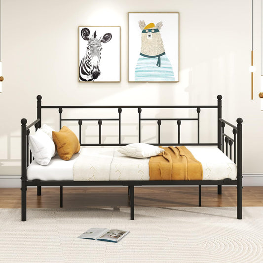 Dagbed, bedframe, 90 x 200 cm, eenpersoonsbed, slaapbank met lattenbodem, voor logeerkamer, tienerbed, metalen bed, dagbed, bedframe voor slaapkamer en woonkamer, zwart