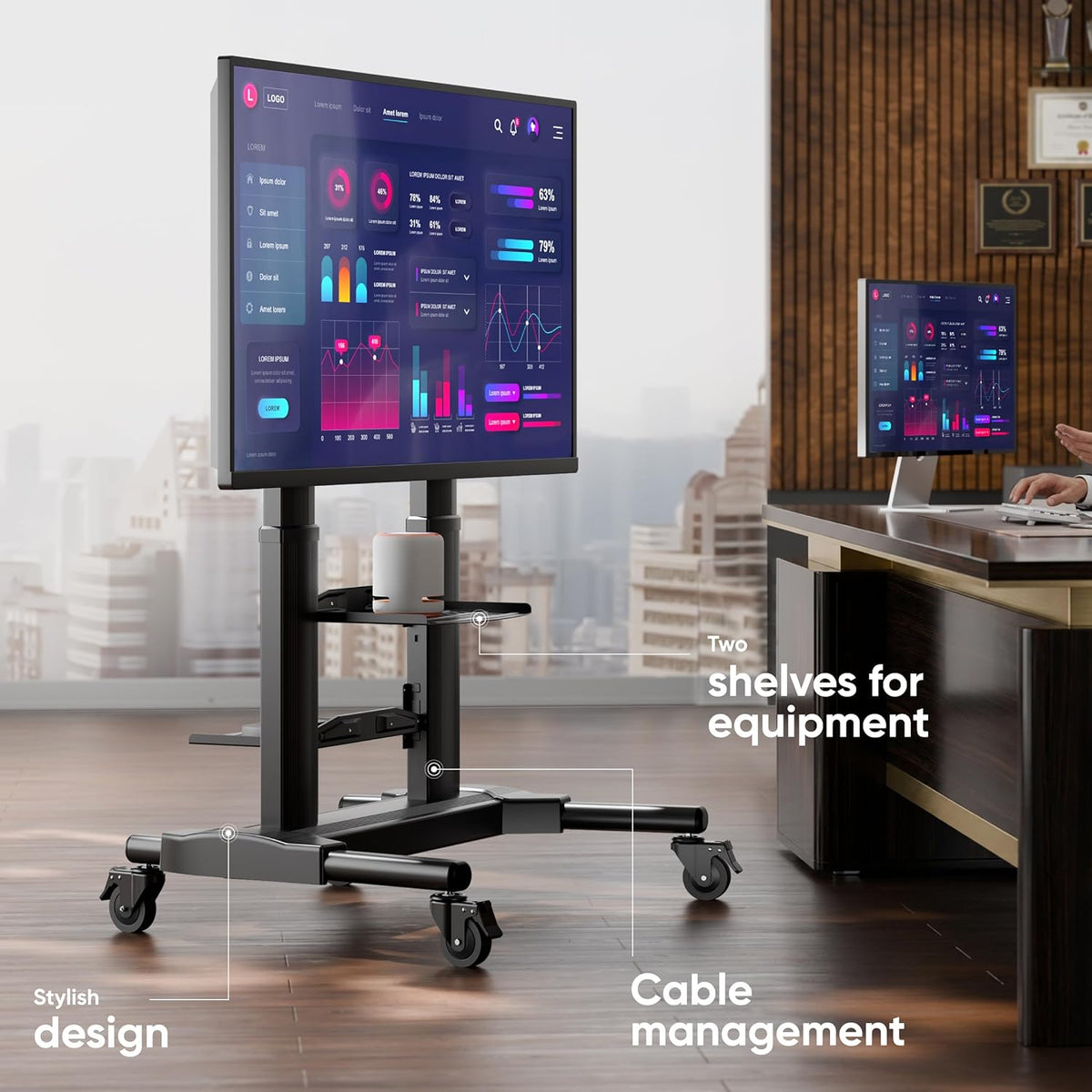 ONKRON Tv-standaard, rolbaar voor 40-80 inch tv's tot 55,5 kg, televisiestandaard, in hoogte verstelbaar, van aluminium, max 700 x 400 VESA-standaard, televisiewagen, rolwagen/tv-wagen met wielen,