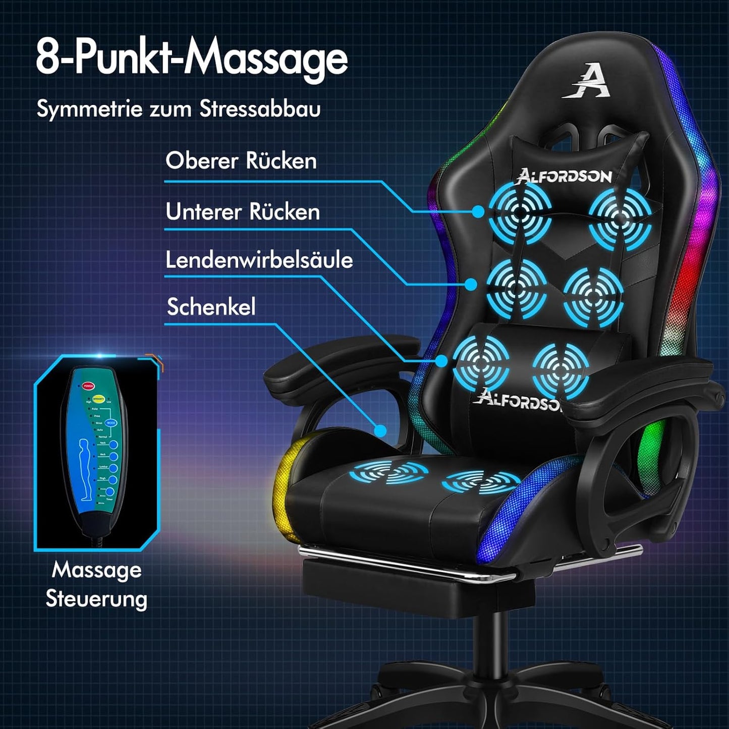 ALFORDSON Gaming Chair with 8-Point Massage, 12 Colours, RGB LED Light, Ergonomic Gaming Chair with Footrests, Headrest, Lumbar Cushion for Children and Adults, Black - QUORE