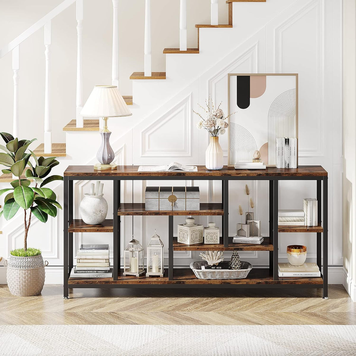 Tribesigns Console Sofa Table, 180cm Extra Long Table Behind Sofa with Storage Shelves, 3-Tier Industrial Narrow Entrance Hallway, Accent Table for Living Room, Rustic Brown