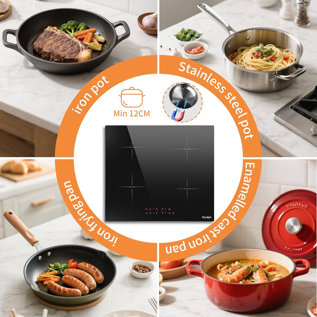 Inductiekookplaat, 4 platen, inbouw kookplaat, 60 cm, 7200 W, individuele touch, boost-functie, veiligheidsvergrendeling, timer, geen stekker, 230 V