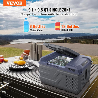 VEVOR NL9 12 Volt Car Refrigerator Refrigerator, 9 Litre (10 qt) Single Zone Portable Freezer, -4° F-46 °F Adjustable Range, 12/24V DC and 100-240V AC Compressor Cooler for Outdoor, Camping, RV,