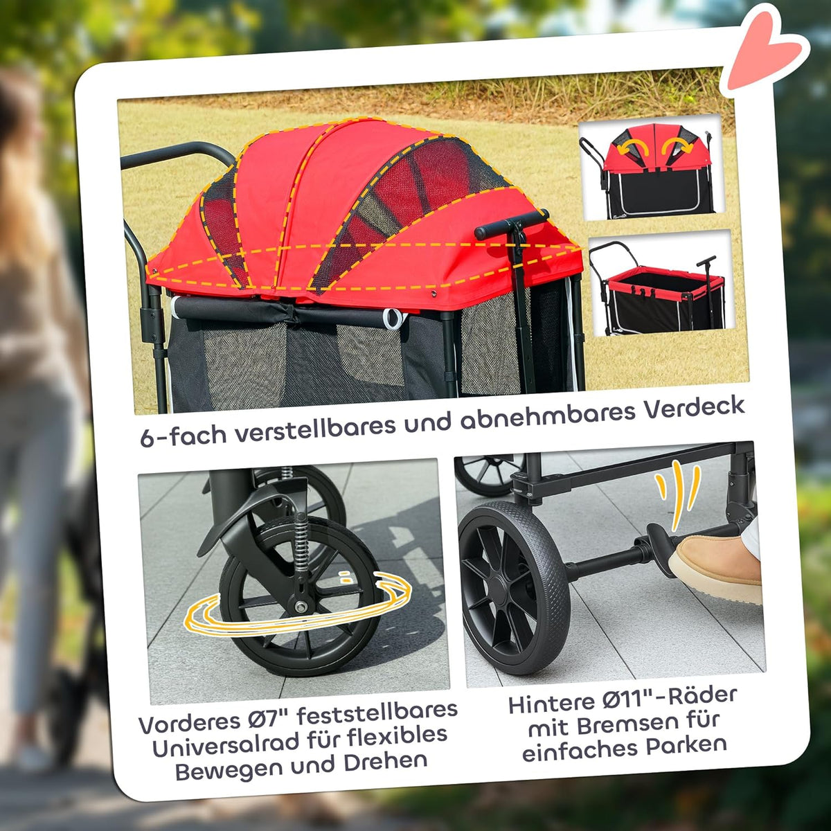 PawHut 2-in-1 hondenwagen, hondenbuggy, inklapbaar, voor honden en katten tot 30 kg, bolderkar met kussen, netvenster, 2 deuren, opbergtas, kattenwagen, buggy, rood