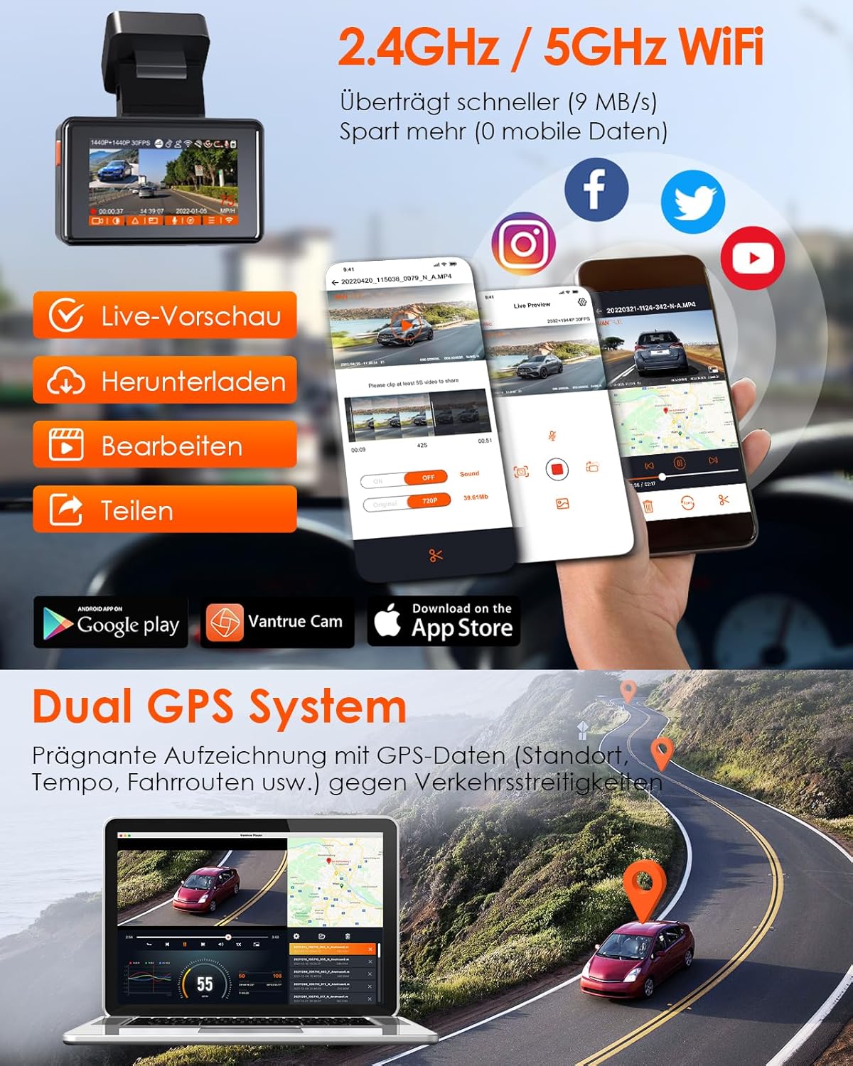 Dashcam – Autocamera – Auto Camera – Dashcam Voor En Achter – Dubbele Lens – 1944P Voor En Achter – 5GHz Wifi En WDR Nachtzicht