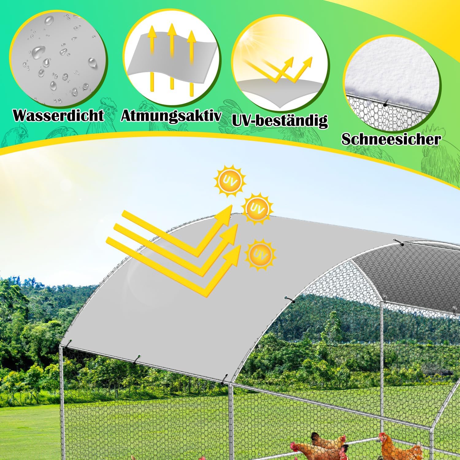 Chicken Coop 3 x 4 x 2 m, Metal Free Wheeling, Small Animal Cage, Aviary with Roof Tarpaulin, Pet Run for Chickens, Poultry, Small Animals, Bow Attachment - QUORE