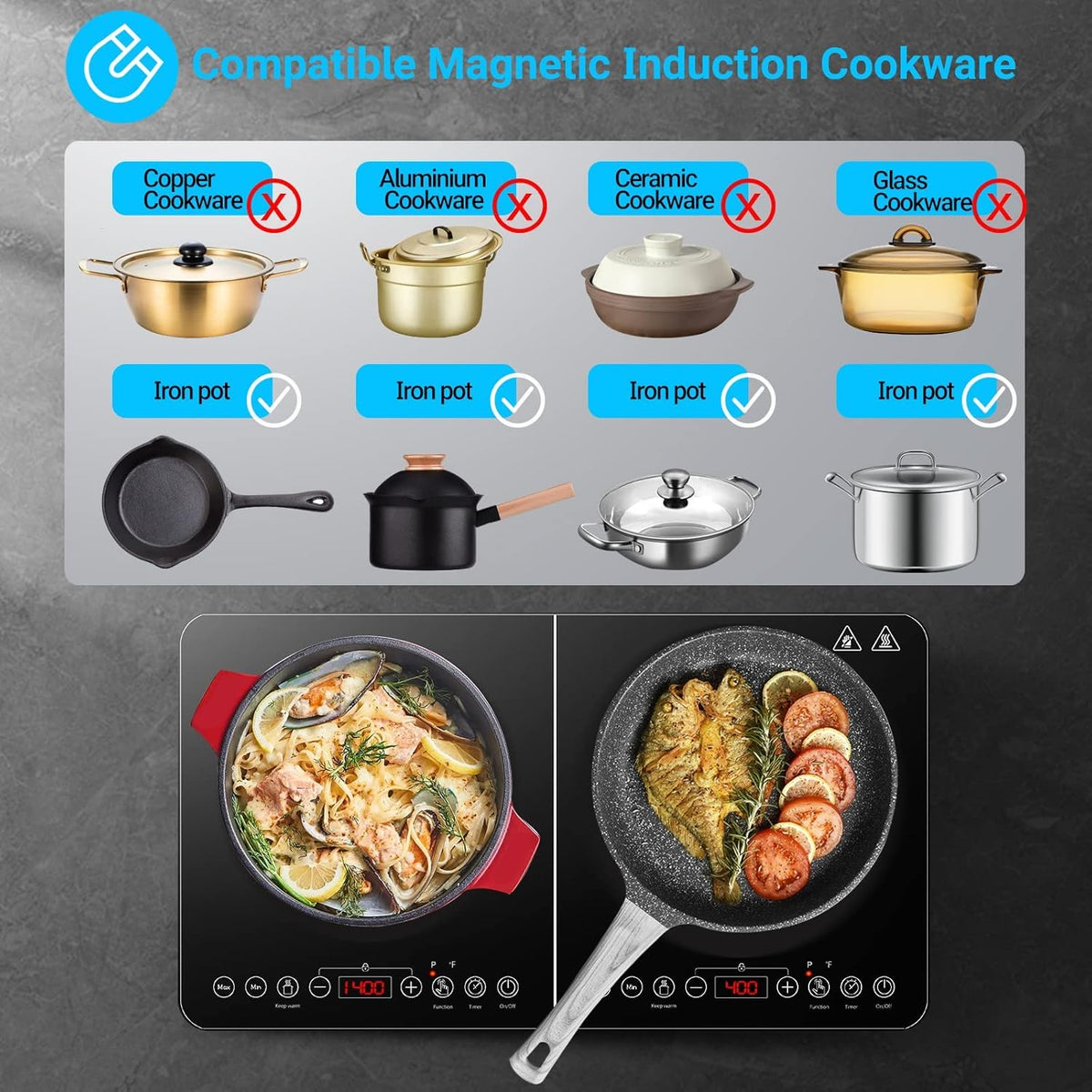 Aobosi Inductiekookplaat, dubbele inductiekookplaat, draagbare kookplaat, sensor-touch-bediening en kristalglasplaat, 3500 watt, timerfunctie