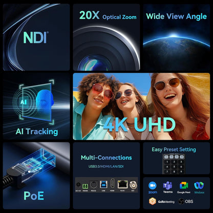 TONGVEO 4K NDI PTZ camera met KI-auto-tracking 20-voudige optische zoom HDMI IP live streaming SDI USB3.0 PoE LAN ondersteuning voor godsdiensten, devocaties vorming, videoconferenties met OBS VMix