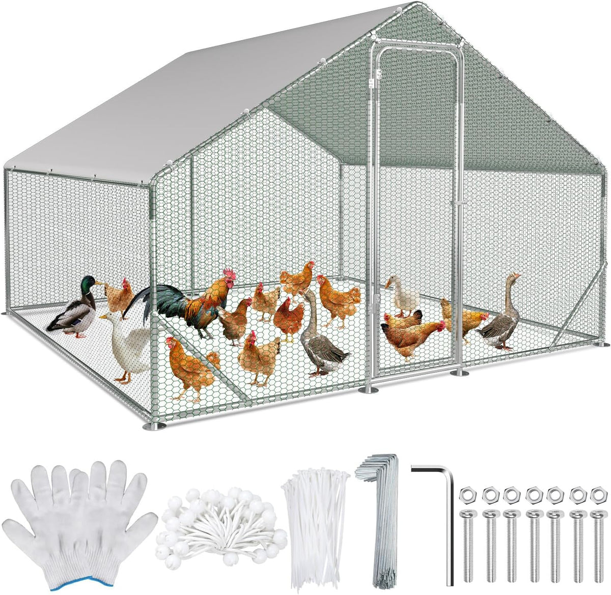 Walk-In House, 3 x 3 x 2 m, Walk-In Chicken Coop, Galvanised Steel, Small Animal House, Chicken Coop with Sunroof and Door for Pet Cage, Chicken Cage, Small Animals, Plants - QUORE