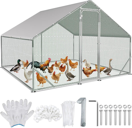 Walk-In House, 3 x 3 x 2 m, Walk-In Chicken Coop, Galvanised Steel, Small Animal House, Chicken Coop with Sunroof and Door for Pet Cage, Chicken Cage, Small Animals, Plants - QUORE