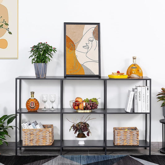 HDANI Consoletafel van metaal met 3 legplanken, banktafel, smalle consoletafel, moderne stijl, geschikt voor entree, woonkamer, slaapkamer (Zwart, 140 x 30 x 80 cm)