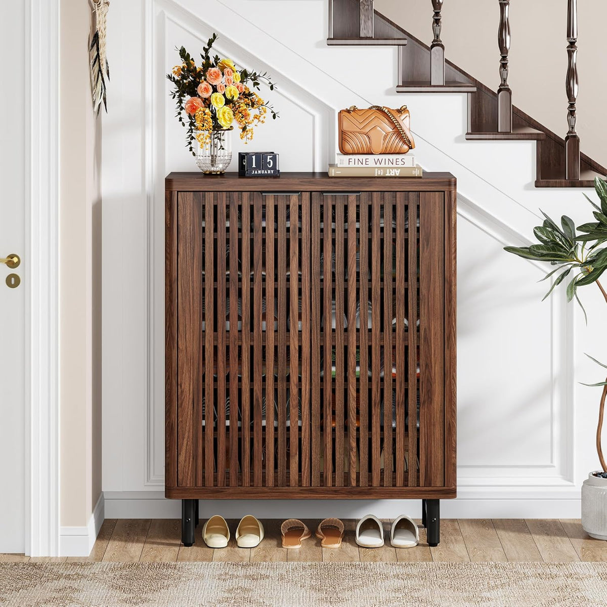 Tribesigns 6 Tier Shoe Cabinet with Canopy Doors, Large Wooden Shoe Storage Cabinet with Adjustable Shelves, Modern Freestanding Shoe Organizer Cabinet for Entrance, Hallway (Walnut)