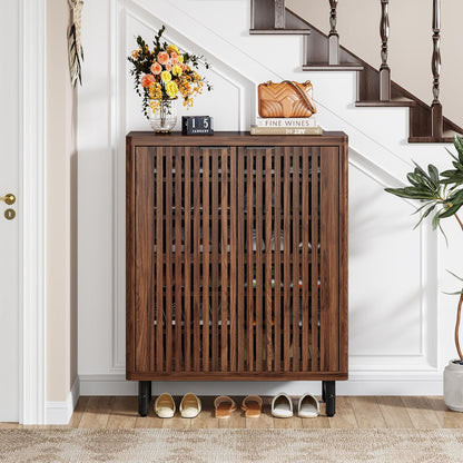 Tribesigns 6 Tier Shoe Cabinet with Canopy Doors, Large Wooden Shoe Storage Cabinet with Adjustable Shelves, Modern Freestanding Shoe Organizer Cabinet for Entrance, Hallway (Walnut)