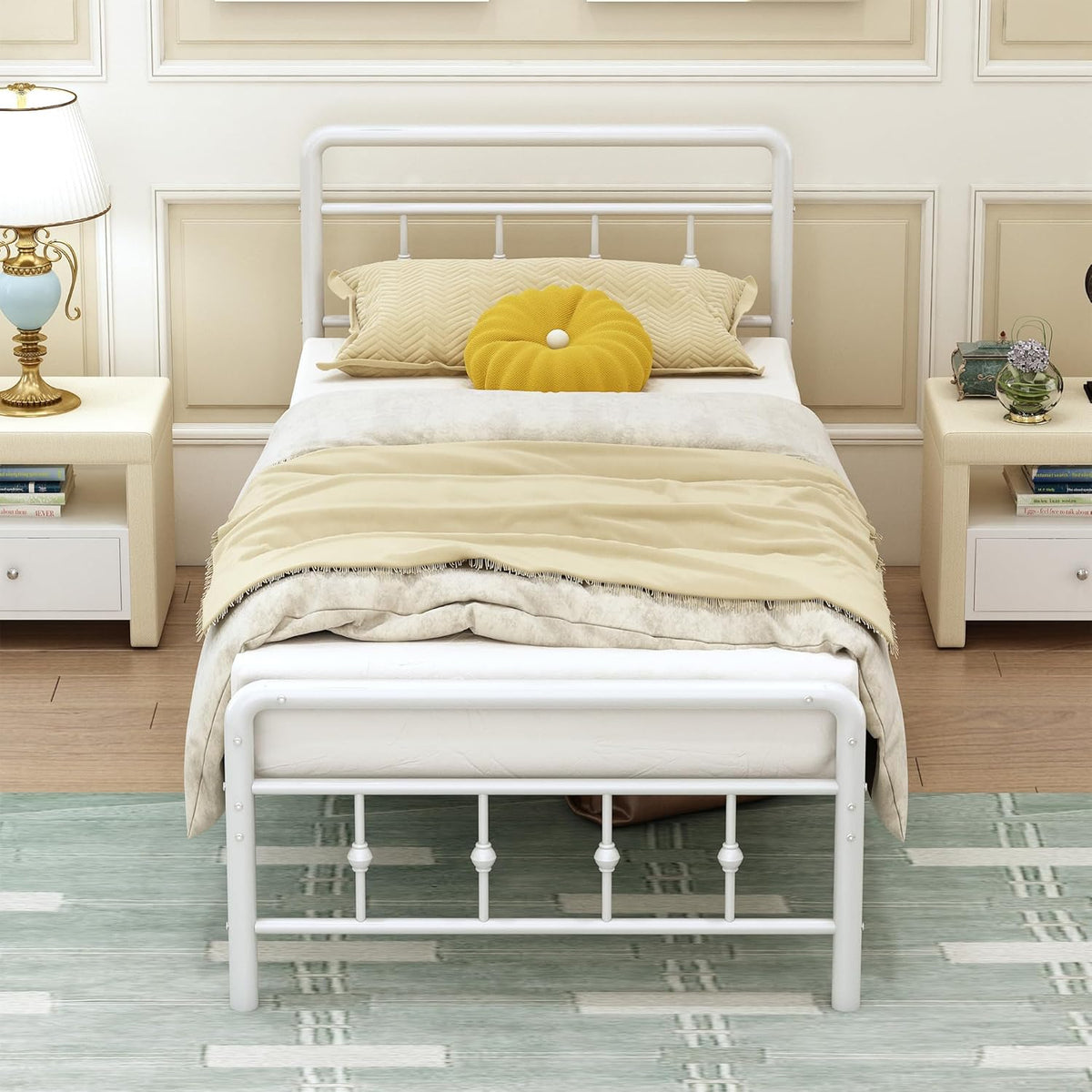 EMODA Metalen Bedframe 90 x 200 cm met vintage style Hoofdeinde en Voetenbord, Heavy Duty Bedframe 36cm hoog met stalen lattenbodem, Eenvoudige montage, Geluidsvrij, Wit