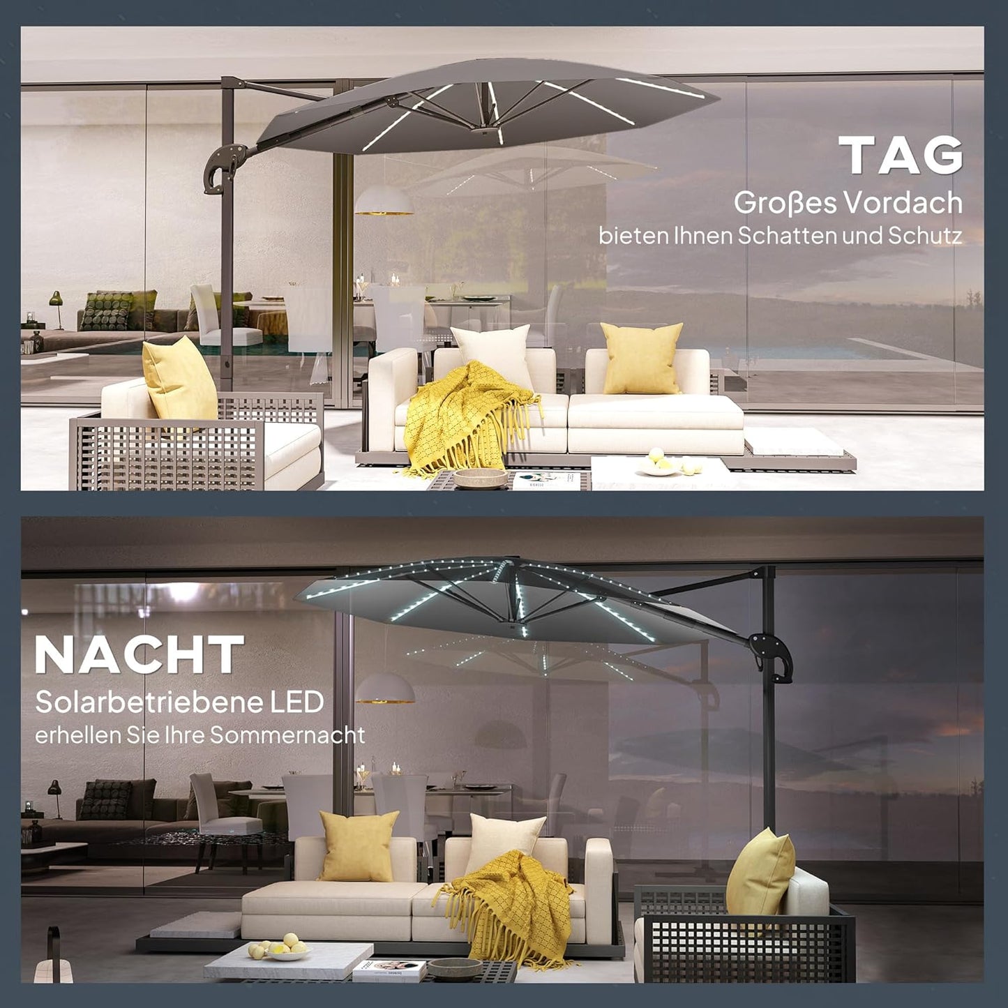 Outsunny Alu Ampelschirm LED Solar Ø300cm höhenverstellbar Sonnenschirm mit Kurbel Ständer UV50+ Wasserabweisend 360° drehbar Marktschirm neigbar Gartenschirm Sonnenschutz für Garten Balcony - QUORE