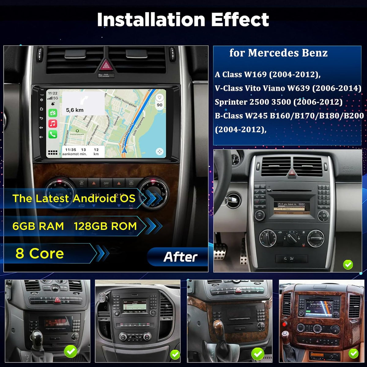 8‑Core 6+128GB Android Touchscreen Autoradio voor Mercedes Benz A/B/V Klasse & Sprinter, Wireless CarPlay Android Auto, GPS WiFi, DSP, Plug & Play Radio + Achteruitrijcamera