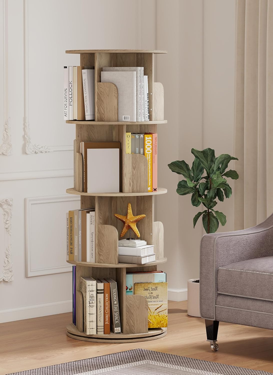 Rotating Bookshelf 360° Rotatable Bookcase for Kids Room Freestanding Rotating Bookcase Multifunctional Display Organizer for Home Study Bedroom (4 Tier | Oak | - QUORE