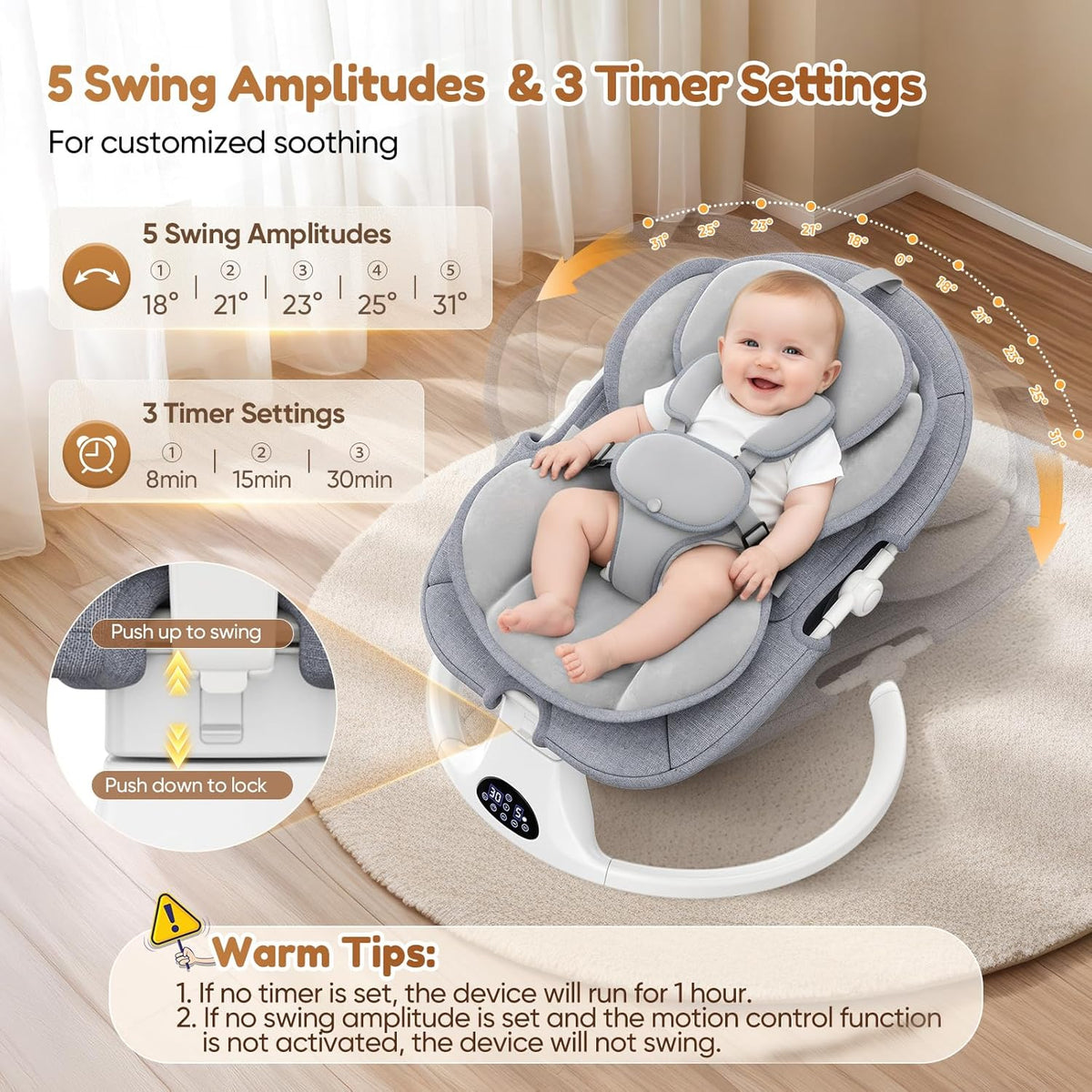 Babyschommel voor baby's tot peuter, elektrische pasgeboren schommel met 5-versnellingen, 3-zitplaatsen, 5-punts karabijnhaak, met Bluetooth-muziek, 10-vooraf ingestelde melodieën, binnen en buiten - QUORE