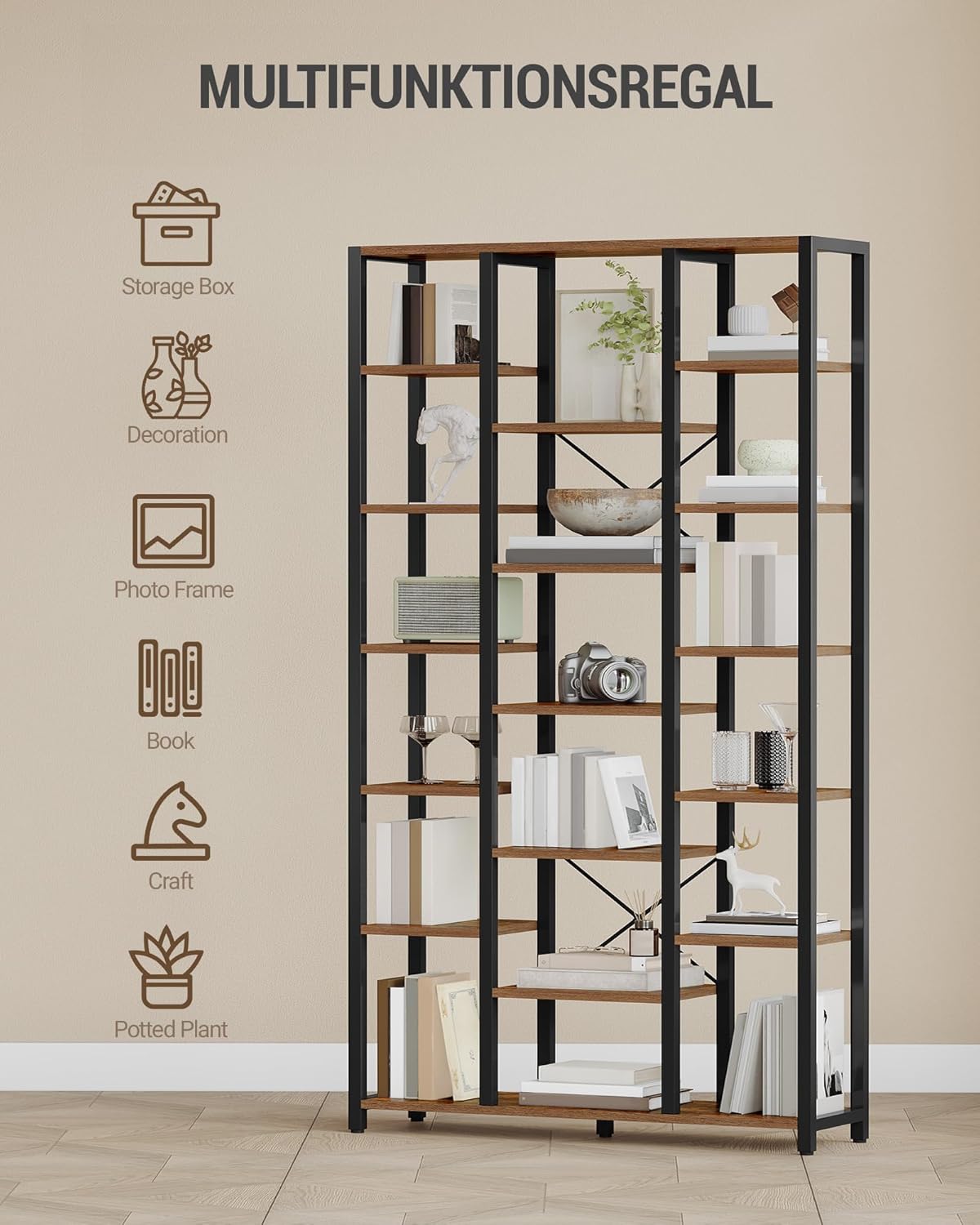 Hzuaneri bookshelf, bookcase with 7 levels and 18 open shelves, adjustable storage cabinet for living room and home office, 30 x 100 x 200 cm, Rustic Brown and Black, BC15601B