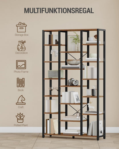 Hzuaneri bookshelf, bookcase with 7 levels and 18 open shelves, adjustable storage cabinet for living room and home office, 30 x 100 x 200 cm, Rustic Brown and Black, BC15601B