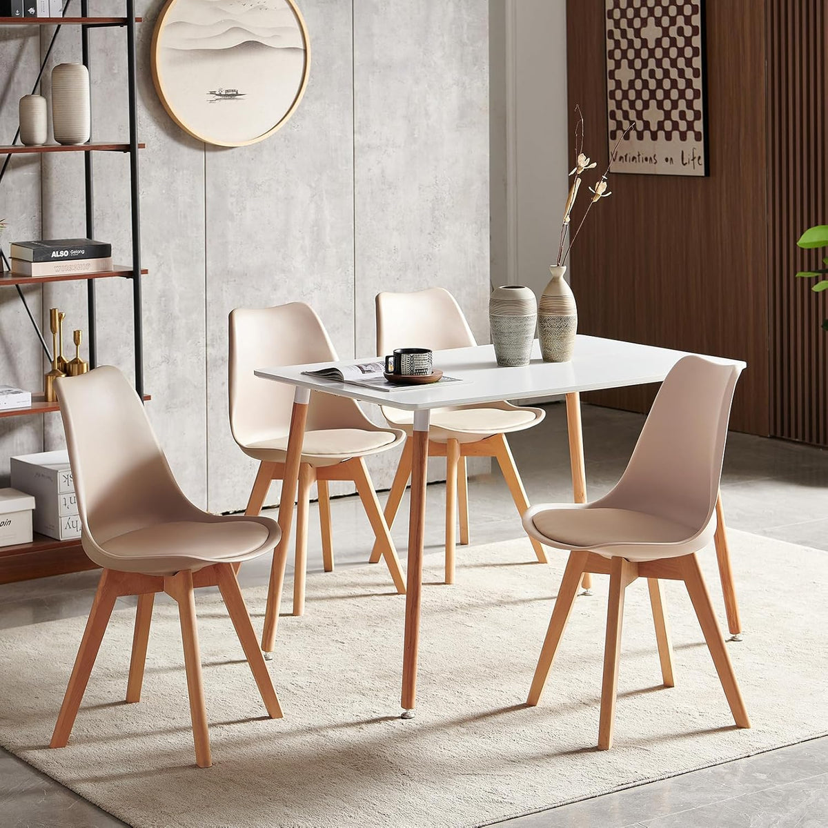 EGGREE Scandinavische eetkamerstoelen, SGS-geteste gestoffeerde keukenstoel, retro-bureaustoel met poten van massief beukenhout, licht kaki, 4 stuks